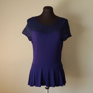 Boston Proper Medium Blue Peplum Lace Embellished Top